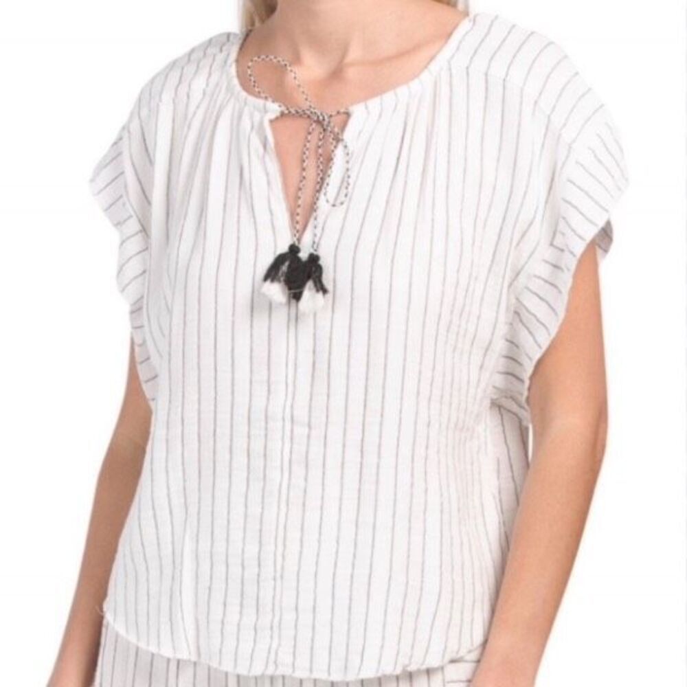 Joie Striped Top‎ Gauzy Fringe Tie Peasant Boho SS Shirt Small White Black